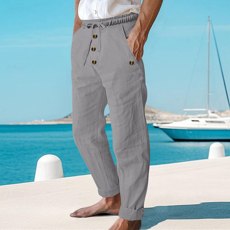 Pantalon décontracté en lin à cordon de serrage pour homme