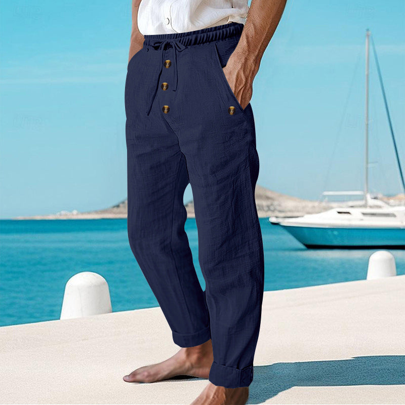 Pantalon décontracté en lin à cordon de serrage pour homme