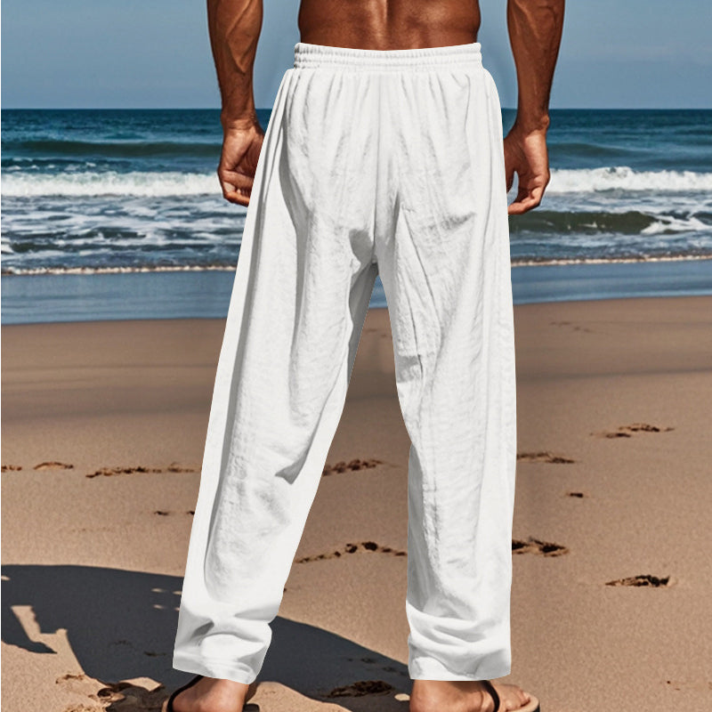 Pantalon décontracté en lin à cordon de serrage pour homme