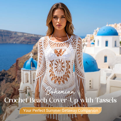 🔥Letzter Tag! 50% Rabatt！Damen Boho Häkel-Strand-Cover-Up mit Quasten🌴Romantischer Strandüberwurf für Urlaub & Pool