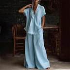 CARLA - Conjunto de dos piezas de camisa fluida y pantalón ancho con puntilla de encaje™