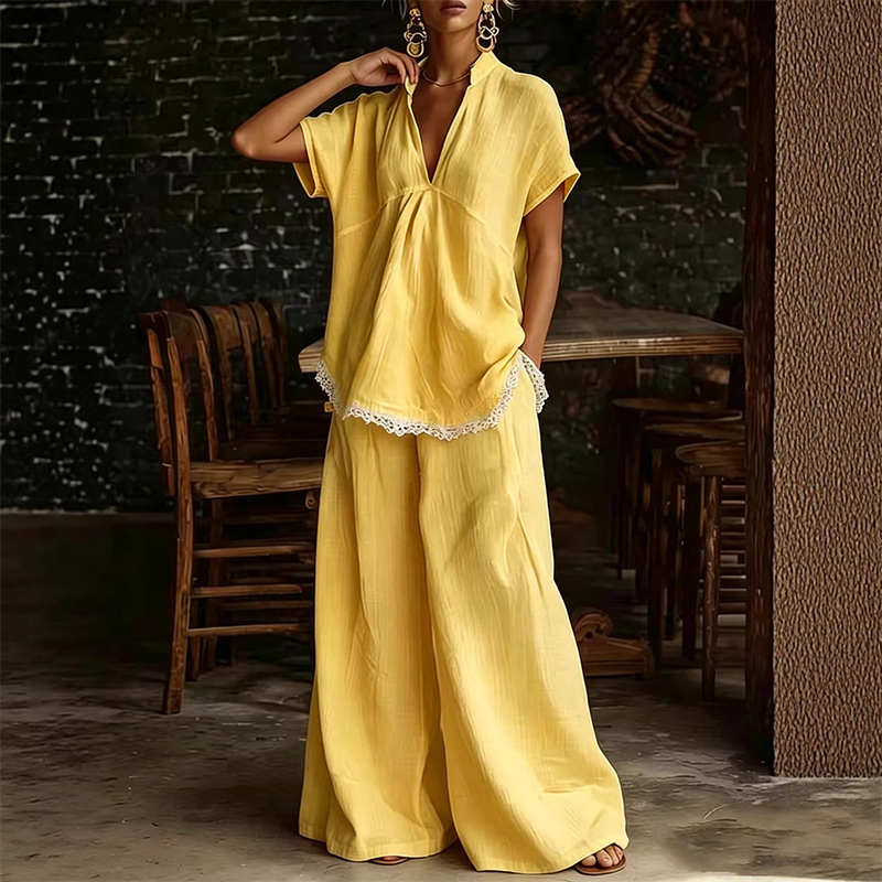 CARLA - Conjunto de dos piezas de camisa fluida y pantalón ancho con puntilla de encaje™