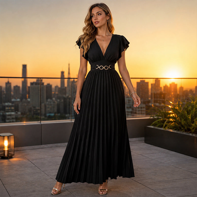 🎉 2026 Sale — Über 35.000 verkauft! 💃 Fließendes Plissee-Maxikleid – V-Ausschnitt, Rüschenärmel, Metallgürtel 🌸