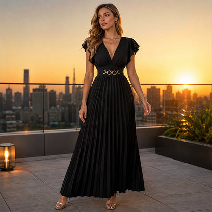 🎉 2026 Sale — Über 35.000 verkauft! 💃 Fließendes Plissee-Maxikleid – V-Ausschnitt, Rüschenärmel, Metallgürtel 🌸