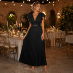 🎉 2026 Sale — Über 35.000 verkauft! 💃 Fließendes Plissee-Maxikleid – V-Ausschnitt, Rüschenärmel, Metallgürtel 🌸