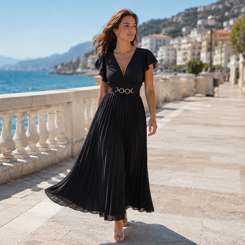 🎉 2026 Sale — Über 35.000 verkauft! 💃 Fließendes Plissee-Maxikleid – V-Ausschnitt, Rüschenärmel, Metallgürtel 🌸