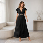 🎉 2026 Sale — Über 35.000 verkauft! 💃 Fließendes Plissee-Maxikleid – V-Ausschnitt, Rüschenärmel, Metallgürtel 🌸