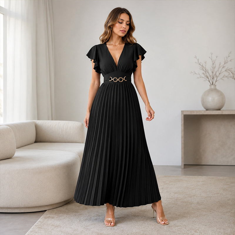 🎉 2026 Sale — Über 35.000 verkauft! 💃 Fließendes Plissee-Maxikleid – V-Ausschnitt, Rüschenärmel, Metallgürtel 🌸