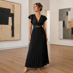 🎉 2026 Sale — Über 35.000 verkauft! 💃 Fließendes Plissee-Maxikleid – V-Ausschnitt, Rüschenärmel, Metallgürtel 🌸