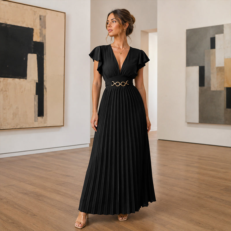 🎉 2026 Sale — Über 35.000 verkauft! 💃 Fließendes Plissee-Maxikleid – V-Ausschnitt, Rüschenärmel, Metallgürtel 🌸