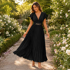 🎉 2026 Sale — Über 35.000 verkauft! 💃 Fließendes Plissee-Maxikleid – V-Ausschnitt, Rüschenärmel, Metallgürtel 🌸