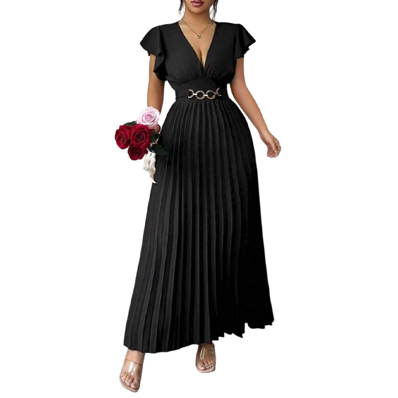 🎉 2026 Sale — Über 35.000 verkauft! 💃 Fließendes Plissee-Maxikleid – V-Ausschnitt, Rüschenärmel, Metallgürtel 🌸