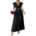 🎉 2026 Sale — Über 35.000 verkauft! 💃 Fließendes Plissee-Maxikleid – V-Ausschnitt, Rüschenärmel, Metallgürtel 🌸