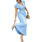 🎉 2026 Sale — Über 35.000 verkauft! 💃 Fließendes Plissee-Maxikleid – V-Ausschnitt, Rüschenärmel, Metallgürtel 🌸