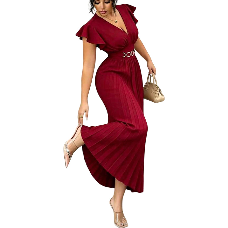 🎉 2026 Sale — Über 35.000 verkauft! 💃 Fließendes Plissee-Maxikleid – V-Ausschnitt, Rüschenärmel, Metallgürtel 🌸
