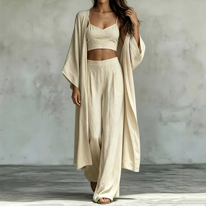 🌞 Sommer-Sale – Jetzt sparen! ✨ Damen 3-teiliges Set aus Cardigan, Camisole & Weite Hose (locker geschnitten) 🌿