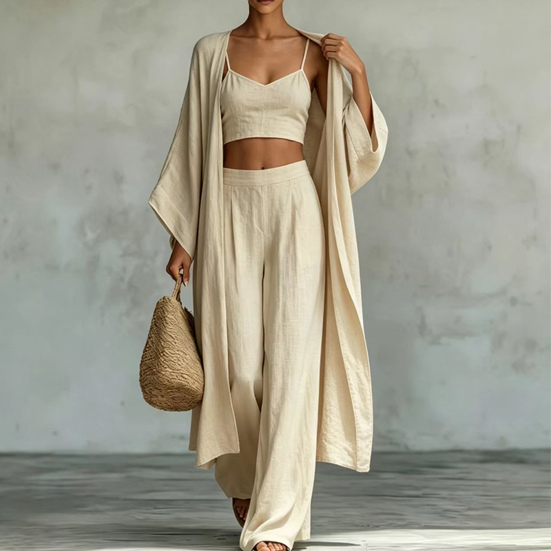 🌞 Sommer-Sale – Jetzt sparen! ✨ Damen 3-teiliges Set aus Cardigan, Camisole & Weite Hose (locker geschnitten) 🌿