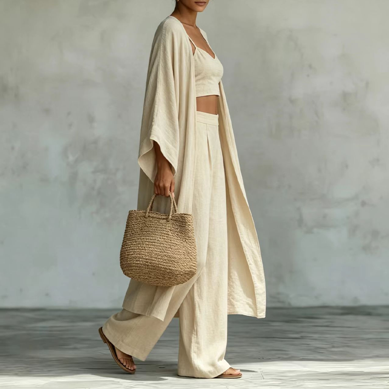 🌞 Sommer-Sale – Jetzt sparen! ✨ Damen 3-teiliges Set aus Cardigan, Camisole & Weite Hose (locker geschnitten) 🌿