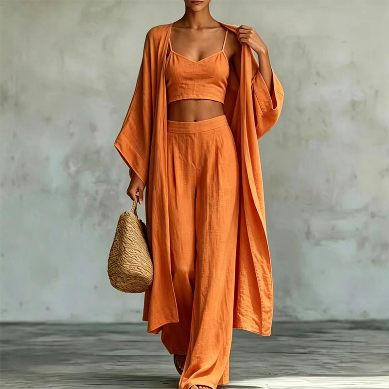 🌞 Sommer-Sale – Jetzt sparen! ✨ Damen 3-teiliges Set aus Cardigan, Camisole & Weite Hose (locker geschnitten) 🌿
