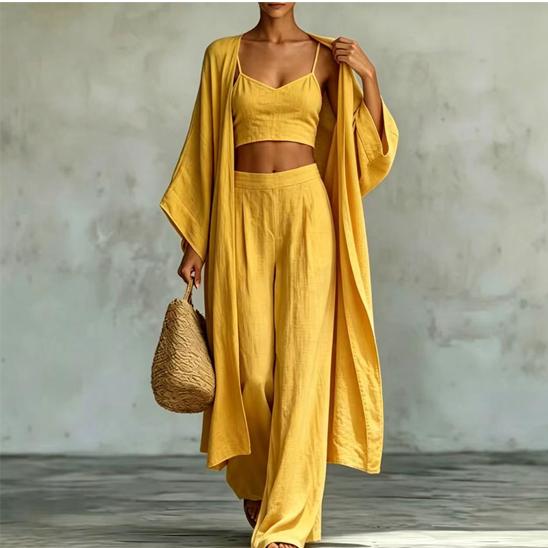 🌞 Sommer-Sale – Jetzt sparen! ✨ Damen 3-teiliges Set aus Cardigan, Camisole & Weite Hose (locker geschnitten) 🌿