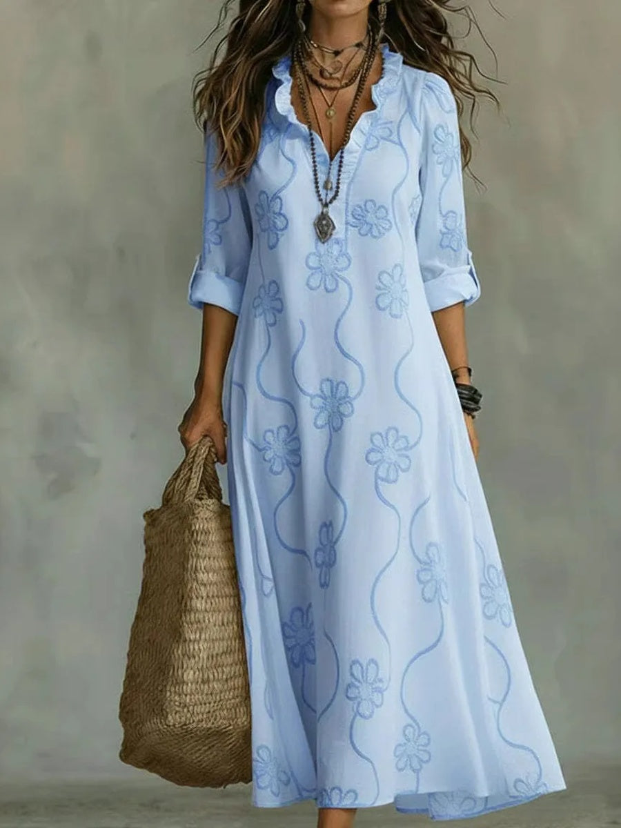 SIENNA - Vestido largo de verano camisero con estampado floral y bordado bohemio™