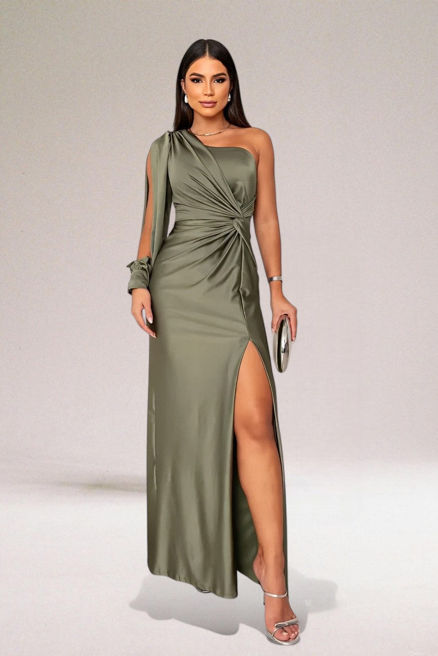 SOPHIA - Vestido largo asimétrico de satén con nudo drapeado y abertura™